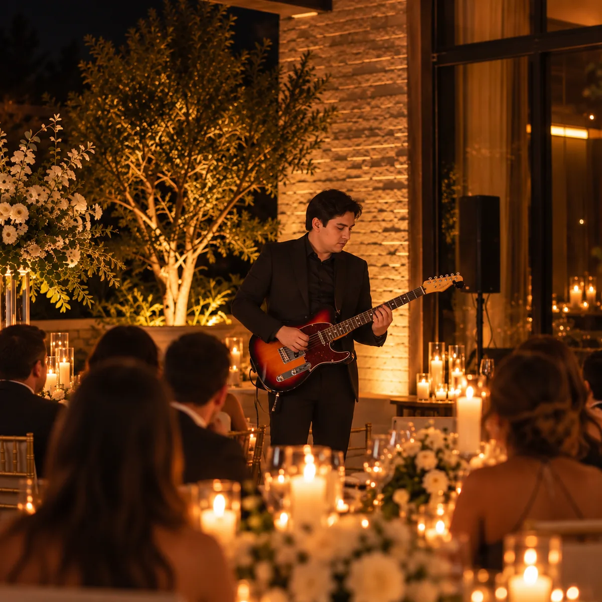 Guitarrista ambientando una cena elegante iluminada con velas