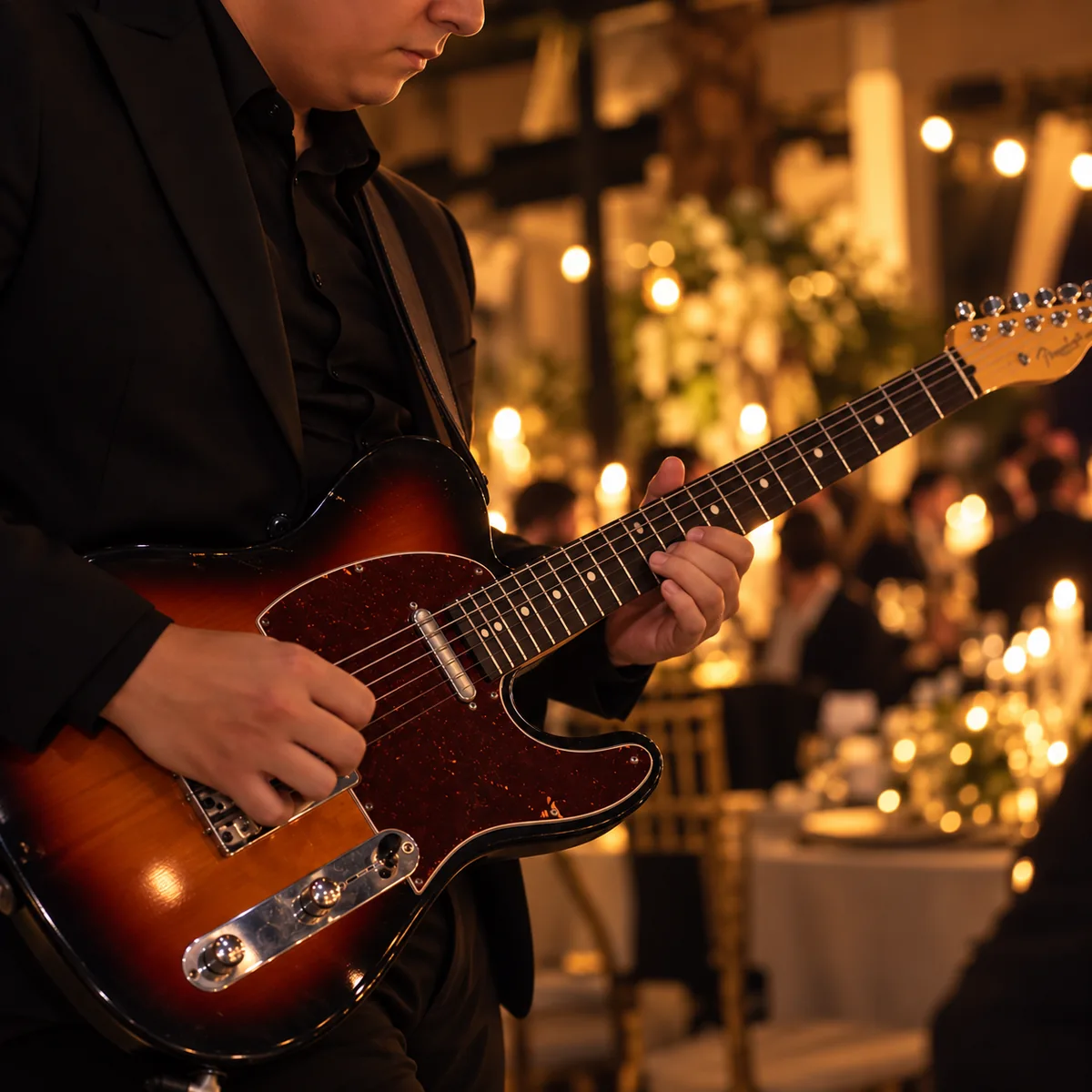 Detalle de guitarra eléctrica en una celebración íntima con iluminación cálida